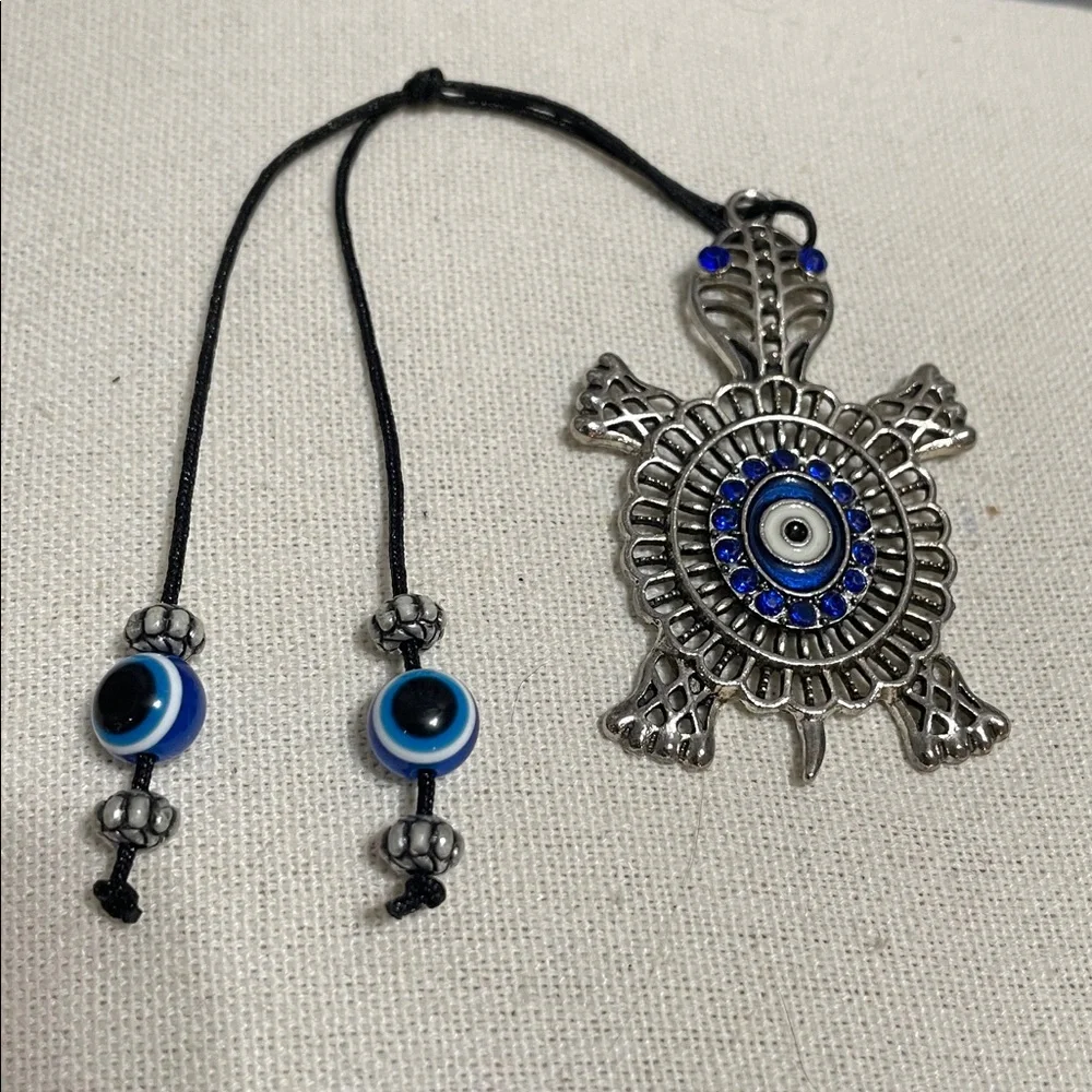 Silver Turtle Evil Eye Pendant Necklace - Blue Accent